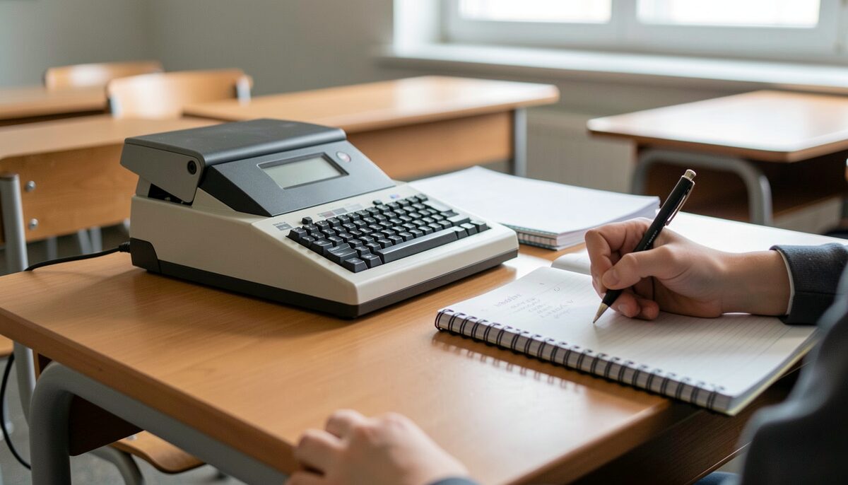 A classroom desk with a stenotype machine, a stack of practice notebooks, and a student hand taking notes.
