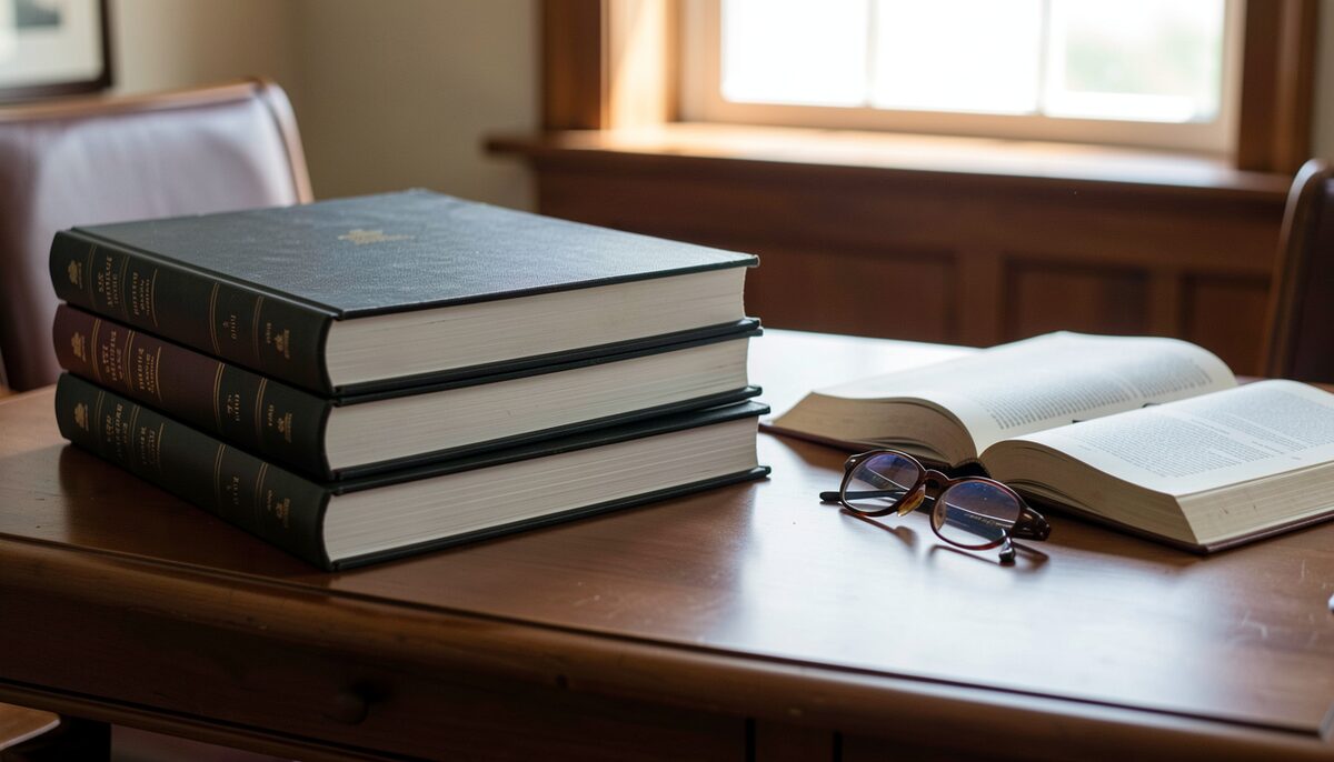 A stack of bound transcripts on an appellate desk beside an open law book and reading glasses.